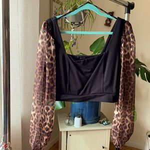 Structured Blouse with Leopard Print Sleeves
